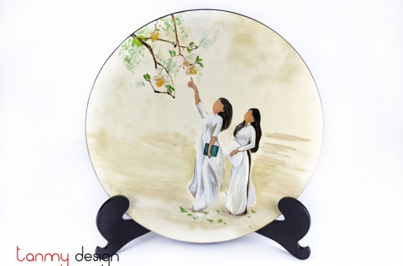White round lacquer dish hand-painted with girls in long dress included with stand 30 cm
